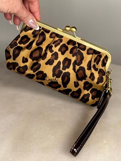 Coach Style F41960 Leopard Satin Kisslock Wristlet Clutch