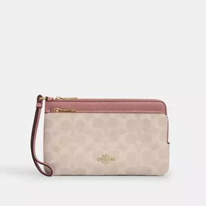 Coach Double Zip Wallet In Signature Canvas CX161 Sand Peony Pink