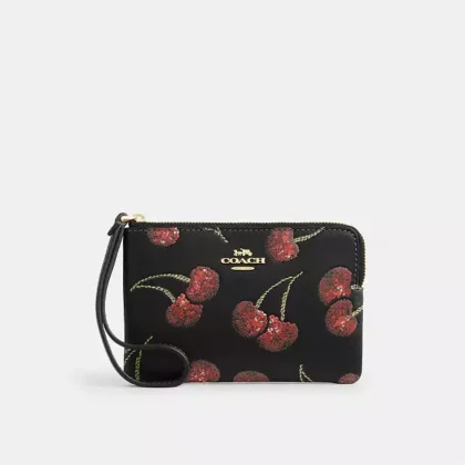 Coach Black Cherry Print Corner Zip Wristlet CDF05