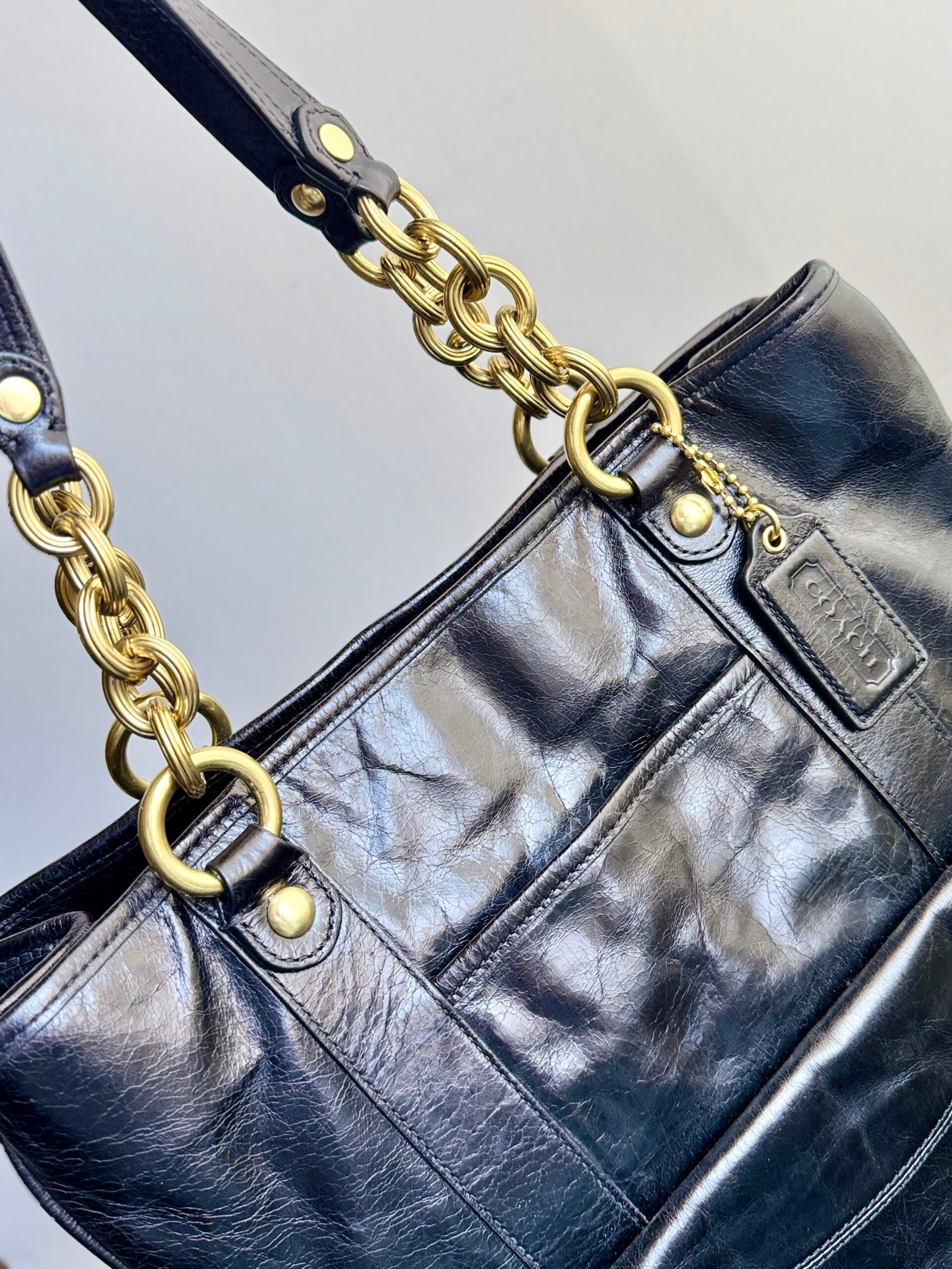 Coach Poppy Camelia Leather Pushlock Tote 17924 Black - Image 7