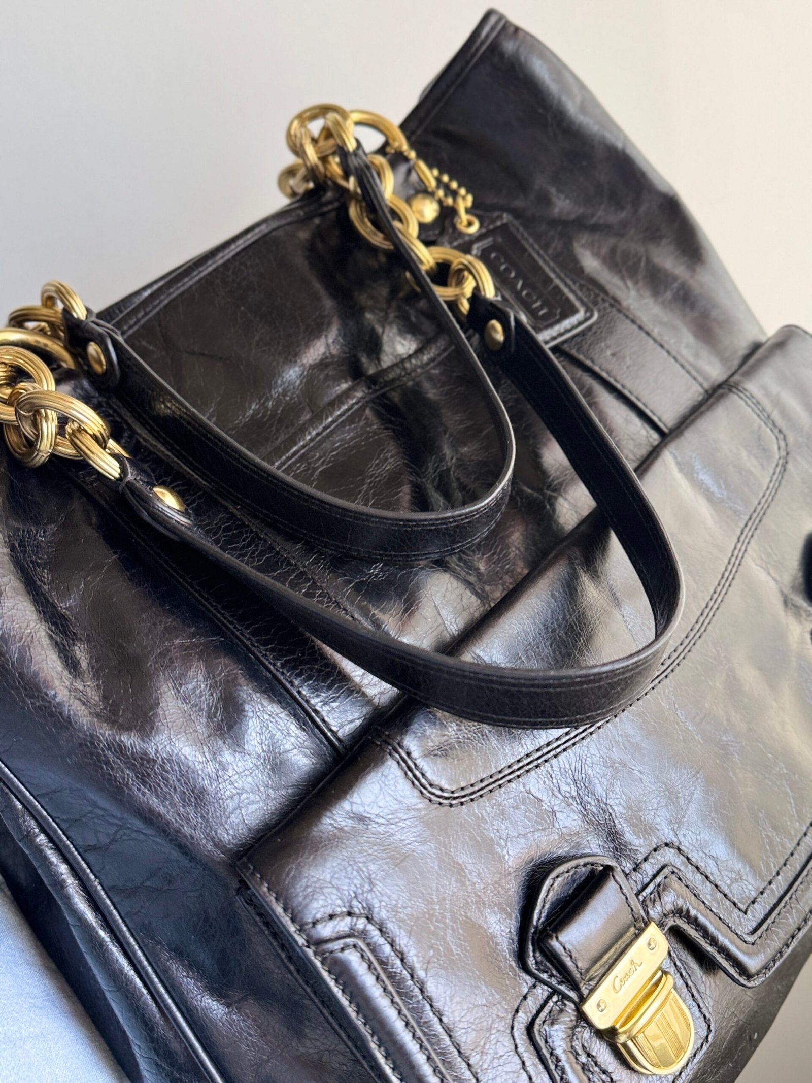 Coach Poppy Camelia Leather Pushlock Tote 17924 Black - Image 6