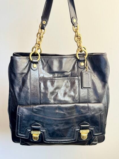 Coach Poppy Camelia Leather Pushlock Tote 17924 Black