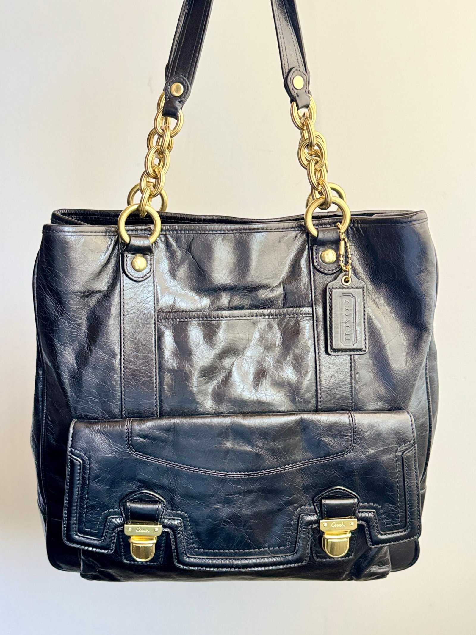 Coach Poppy Camelia Leather Pushlock Tote 17924 Black