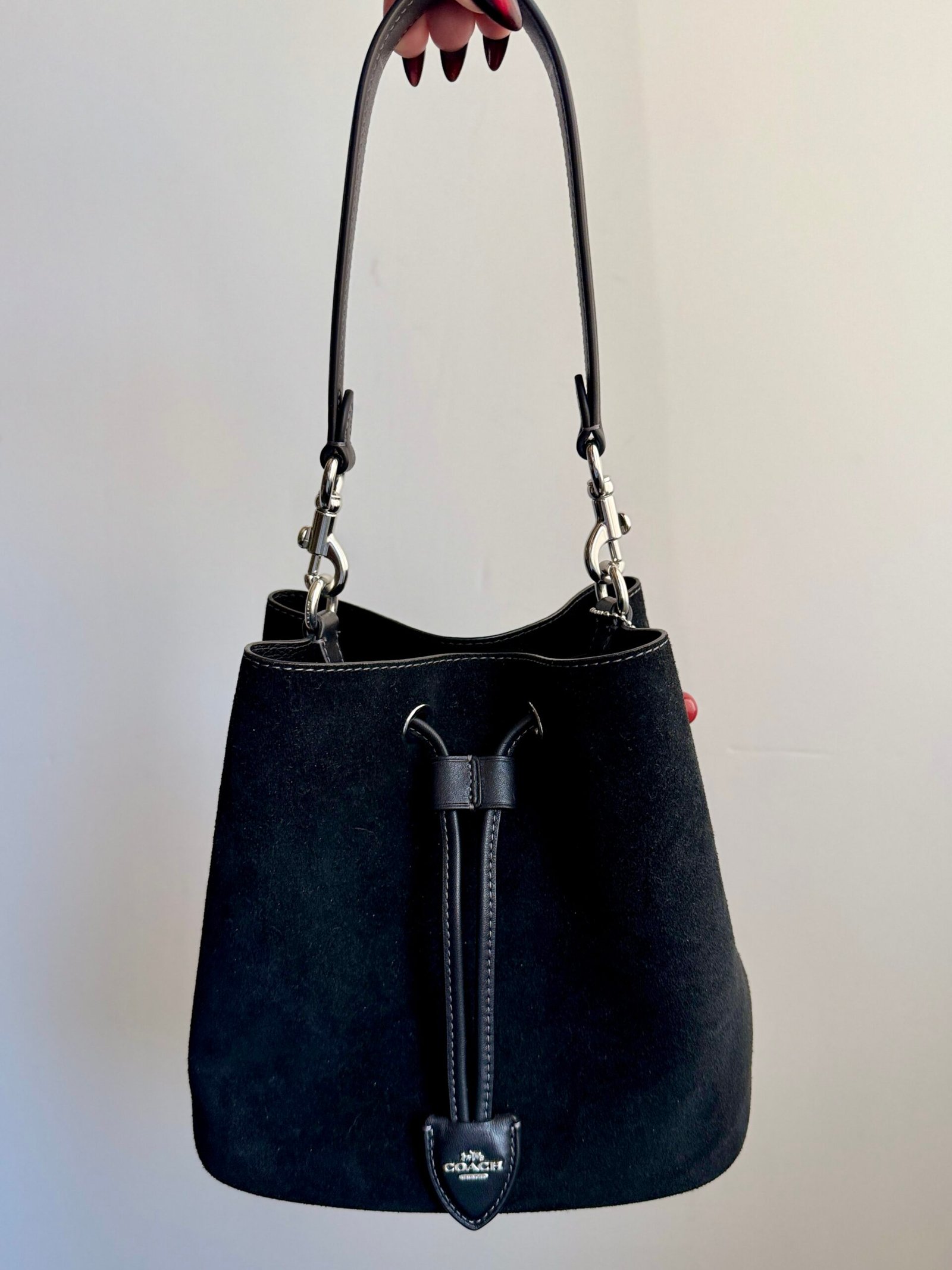 Coach Rowan Bucket Bag CCZ89 – Black Suede with Cherry Charm